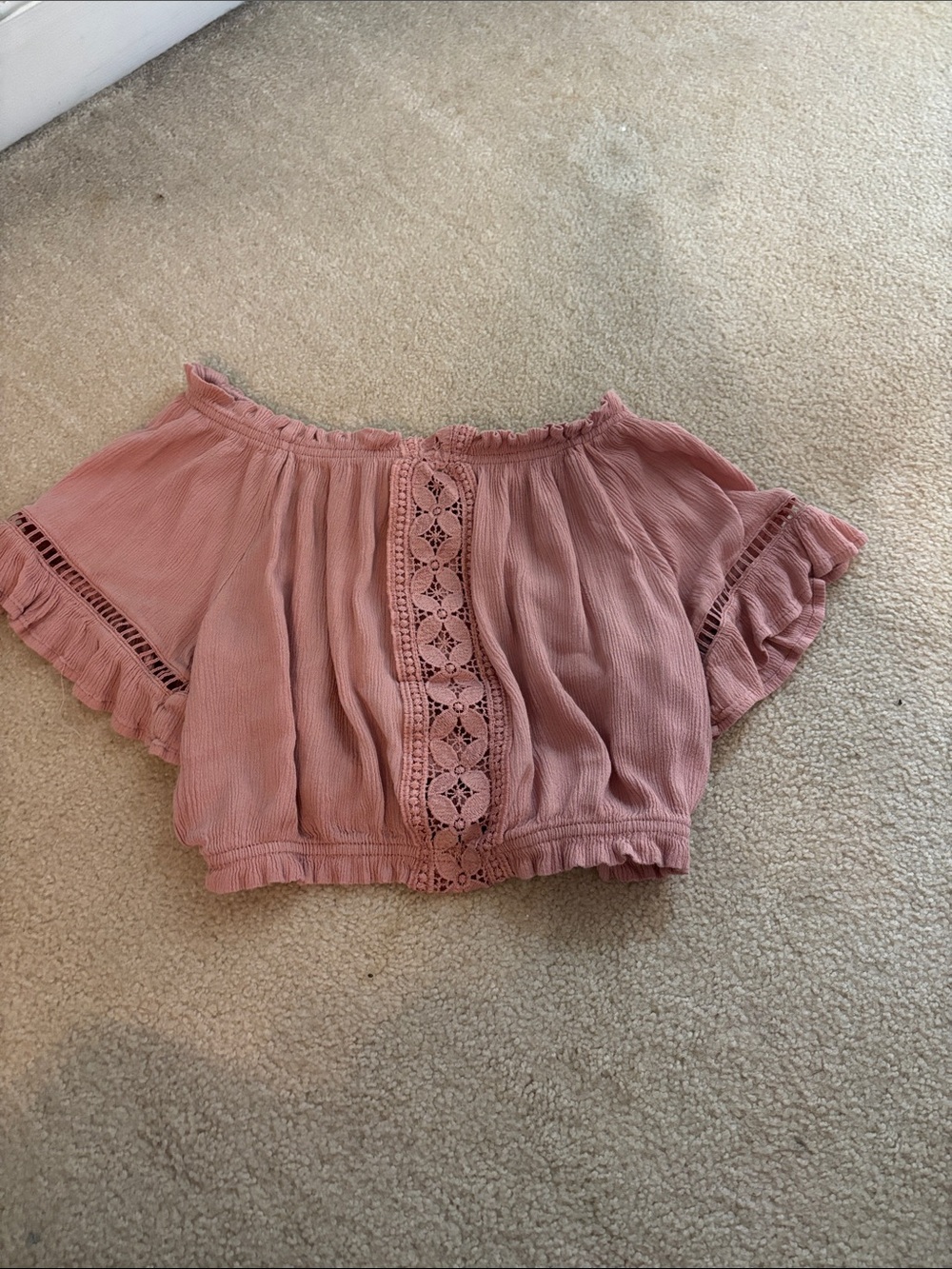 Blush Pink Off-Shoulder Crochet-Trim Crop Top